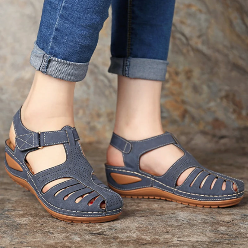 Mcckle Женщины Летние кожаные старинные сандалии с пряжкой Повседневная прошитая женская обувь однотонная женская обувь на платформе Большие размеры 36-46