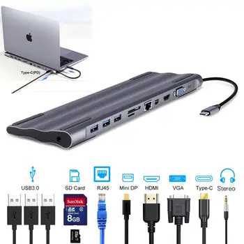 

11 in 1 Type C Docking Station Aluminum to HDMI mini DP SD/TF Card Reader RJ45 PD for Charger Audio MacBook support expand mode