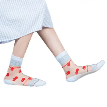 

Women Sheer Mesh Crystal Fiber Crew Socks Contrasat Colored Cartoon Fruits Jacquard Harajuku Skateboard Mid Tube Hosiery