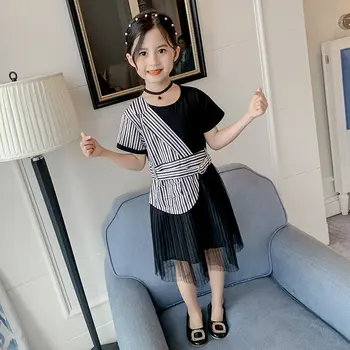 

Korean Clothing Girls Dress Blazers Striped Patchwork Party Dress For Girl O-Neck Collar Kids Dress With Belt New Spring Costume