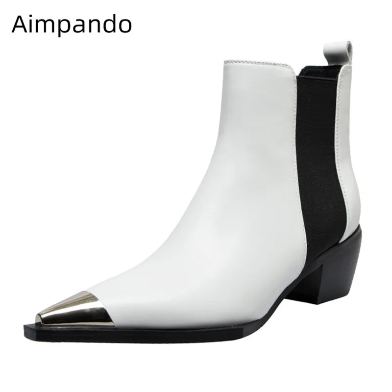 

Metal Point Toe Knight Boots Woman Solid Short Ankle Bottes Block Med Heel Slip On Botines 2020 Fall New Punk Chelsea Boots 43