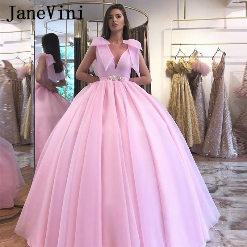 Розовый JaneVini, очаровательное Розовое Бальное платье принцессы, бальное платье размера плюс, v-образный вырез, без рукавов, с бисером, пышное Тюлевое милое платье 16 - Цвет: Розовый