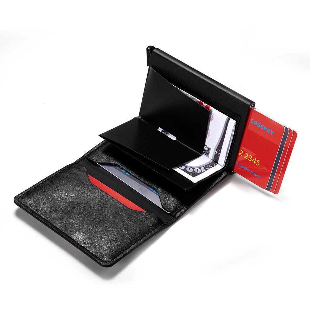 RFID Блокировка модный автоматический кожаный держатель для кредитных карт для мужчин Алюминиевый металлический бизнес ID многофункциональный держатель для карт мини кошелек