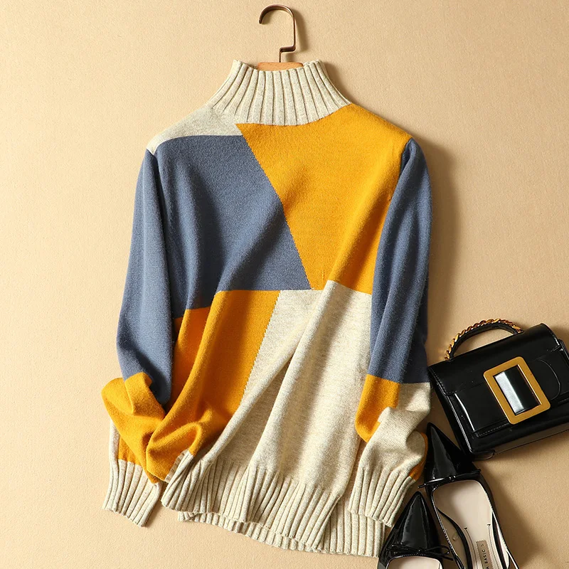 Женские свитера и пуловеры больших размеров с высоким воротом, Осень-зима, стиль, свободные вязаные пуловеры с длинными рукавами - Цвет: 654049