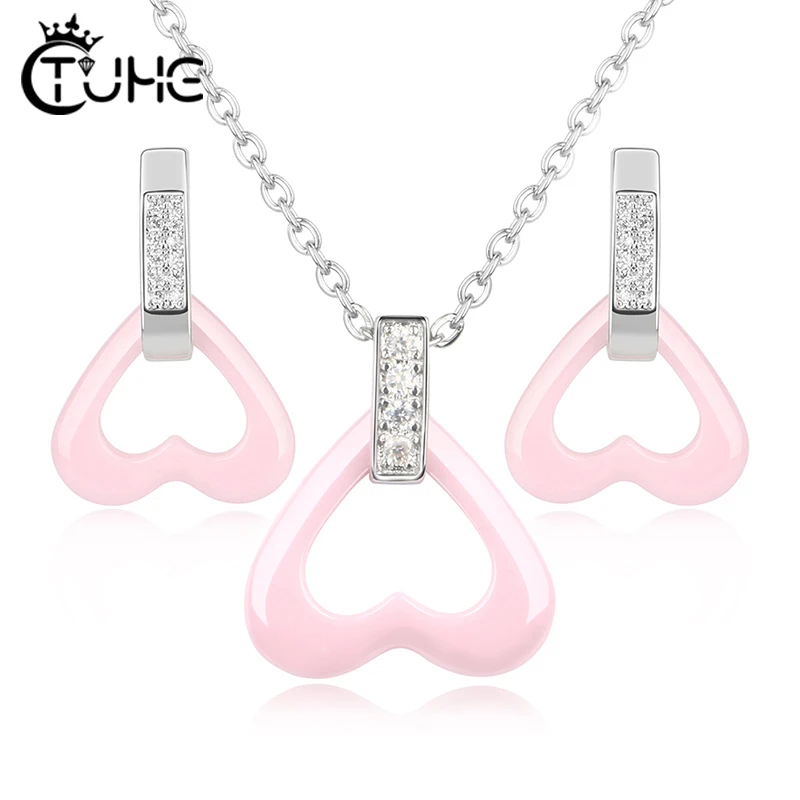 

Romantic Pink Heart Bridal Jewelry Sets For Women Accessory Cubic Zircon Crystal Necklace Stud Earrings Set Ceramic Jewelry Gift