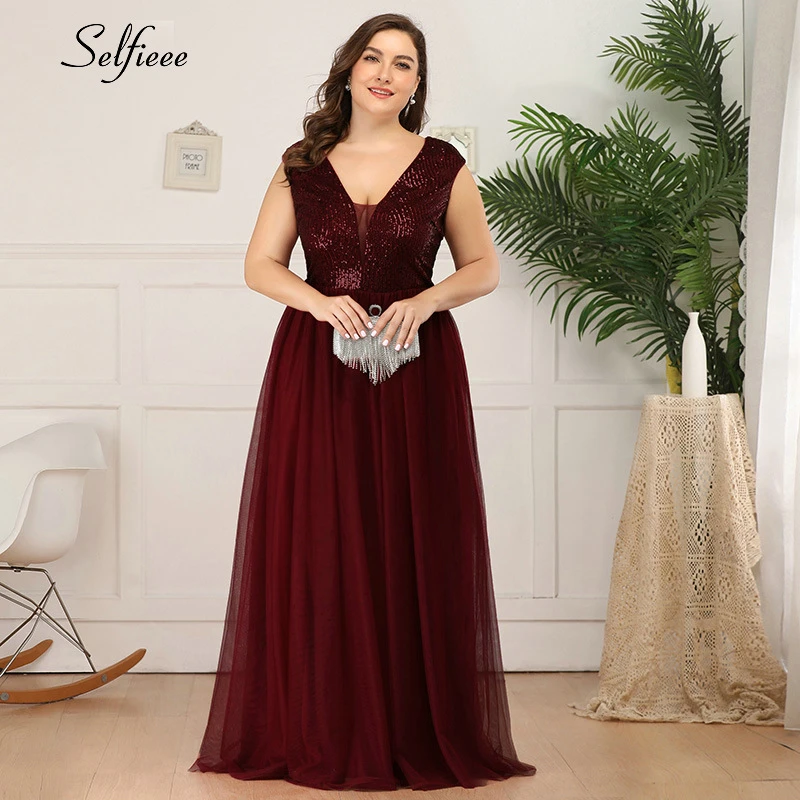 

Plus Size Elegant Women Dress Sequined A-Line V-Neck Sleeveless Tulle Maxi Dress Ladies Sparkle Party Dress Vestidos De Fiesta