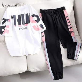 

LEOSOXS 2020 T-shirt Top And Pant 2 Piece Set Women Casual Letter Print Sportswear Short Sleeve Tracksuit Set Matching Sets