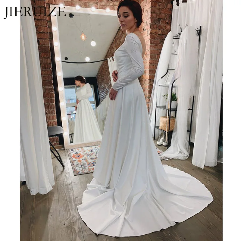 JIERUIZE Белые Простые Свадебные платья с открытой спиной, длинные рукава, открытая спина, платья невесты, свадебные платья