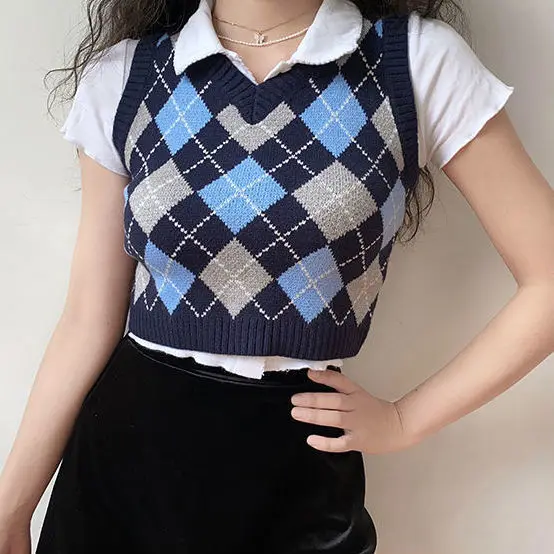 Suéter corto con cuello en V para mujer, chaleco tejido a cuadros con  rombos, blusa sin mangas, ropa exterior _ - AliExpress Mobile