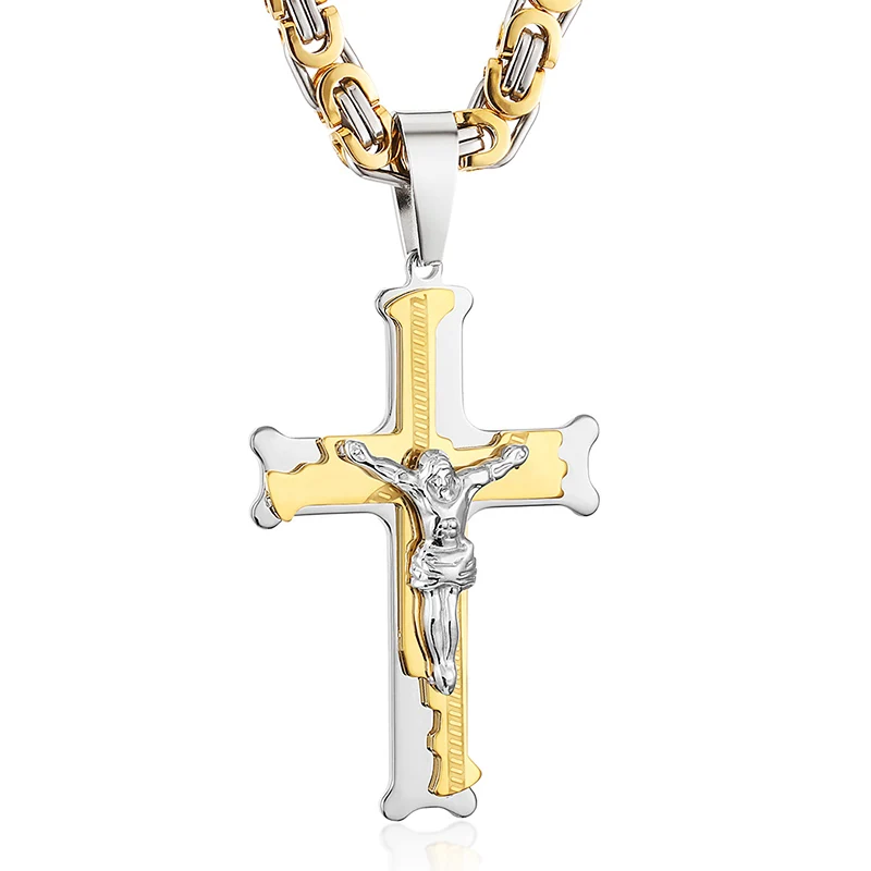 Crucifixion Catholic Cross Pedant Necklace Thick Stainless Steel Necklaces Long Personalized Catholic Neckless Men Jewelry Gift - Окраска металла: Gold-Silver-Tone