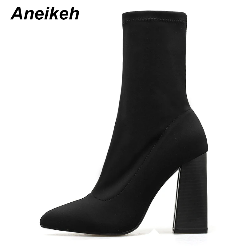 Aneikeh/ г. Модные Демисезонные ботильоны «Челси» из эластичной ткани женские ботинки с острым носком вечерние ботинки на толстом каблуке черного цвета, размер 41, 42