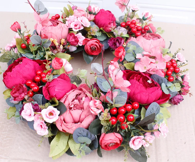 Artificial Flower Wreath Peony Wreath Spring Round Wreath For The Front Door, Wedding, Home Decor