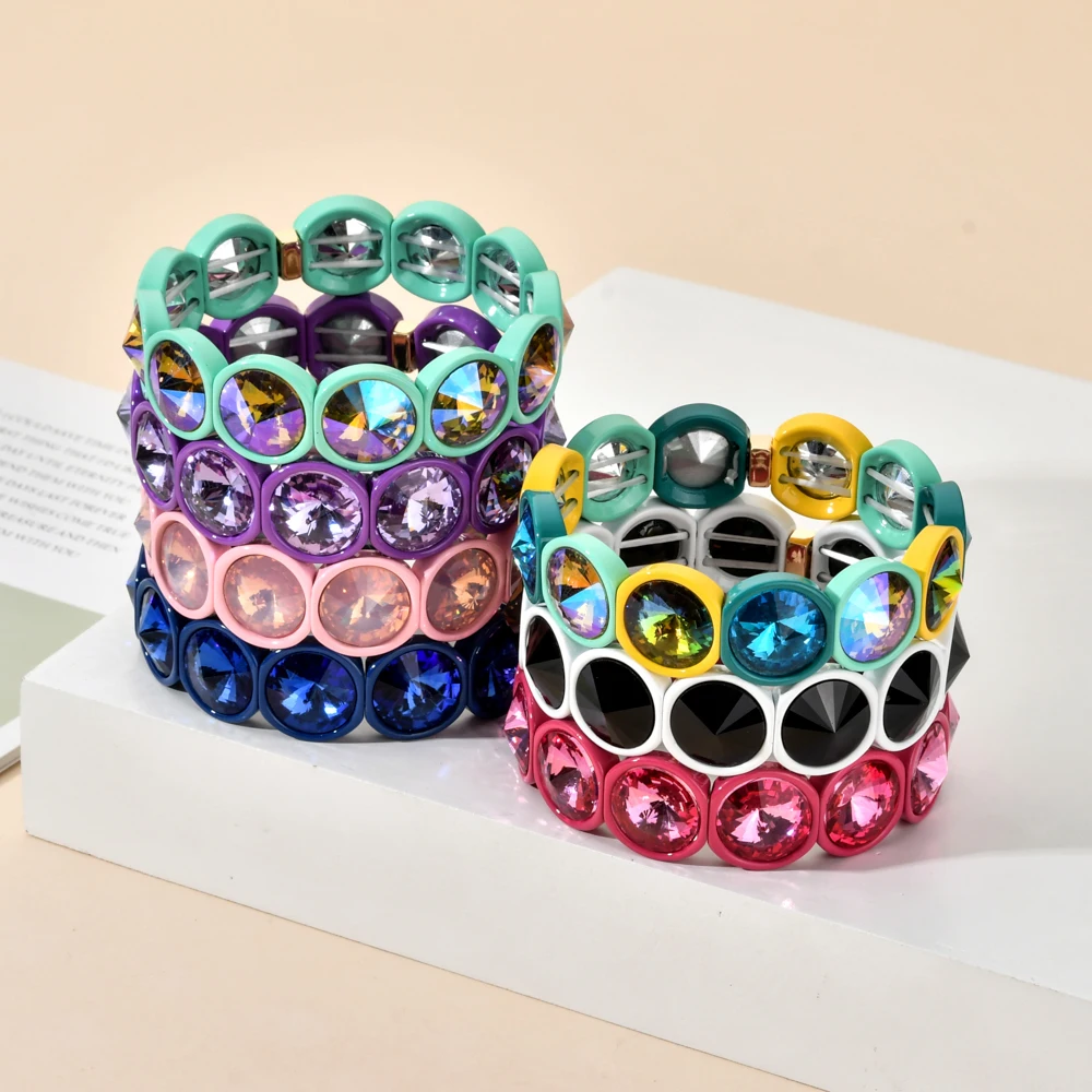 Handmade Multicolor Big Crystal Elastic Bracelet Enamel Stretch Glass Bangle Tile Bead Bracelet for Women Dark Vintage ZMZY