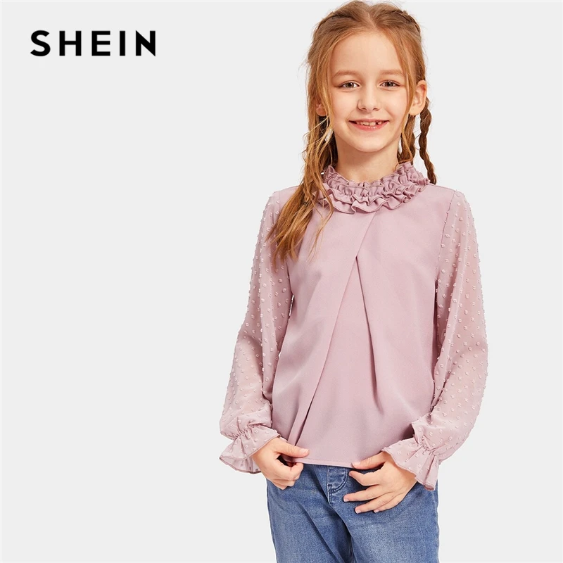 

SHEIN Kiddie Pink Frilled Neckline Fold Pleat Solid Girls Cute Blouse Kids 2019 Autumn Flounce Sleeve Ruffle Casual Blouse Tops