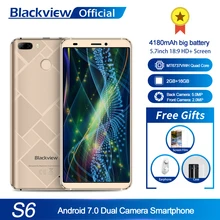 Blackview S6 мобильный телефон 4180 мАч 5,7 дюймов HD+ Sceen мобильный телефон 2 Гб+ 16 Гб четырехъядерный Android 7,0 двойная задняя камера смартфон