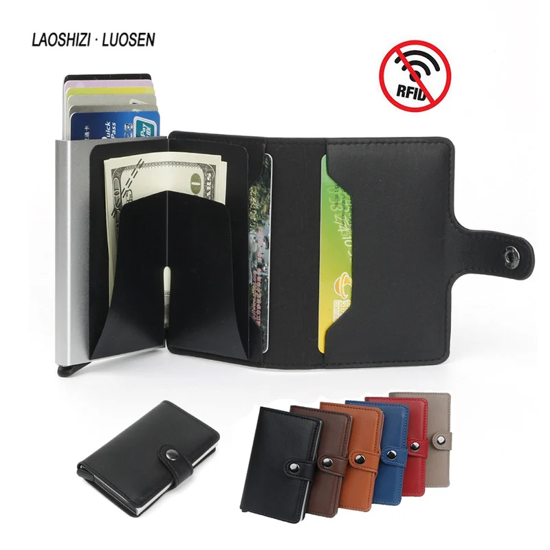 LAOSHIZI LUOSEN держатель кредитной карты RFID Блокировка всплывающий металлический кошелек с пряжкой для мужчин и женщин