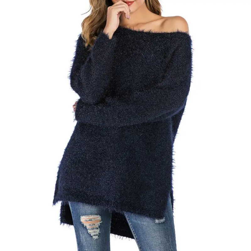 Sweater female shoulder Women Sweater Solid Color Slash Neck Collar Long Sleeve Sweaters Casual Warm Winter Autumn Loose Tops