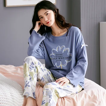 

Fall Winter Women Pajamas Sets Lady Thin Cartoon Printed Long Sleeves Pullovers & Pants Sleepwear Female Sweet Homewear Pyjamas