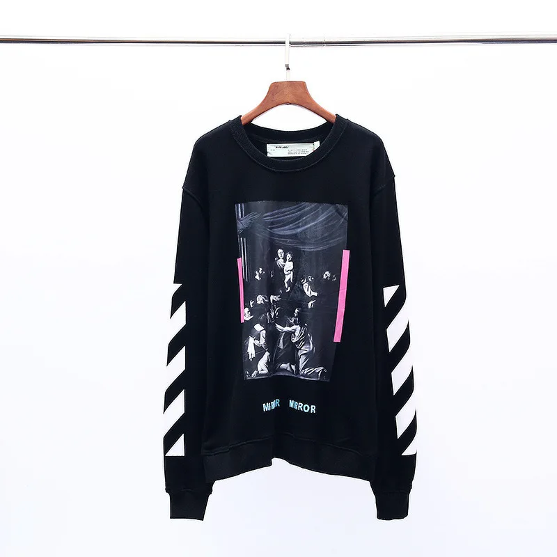19SS OFF-WHITE OW религиозная теплопередача квадратная фиолетовая ленточная Печать Круглый вырез пуловер Толстовка Джемпер - Цвет: Черный