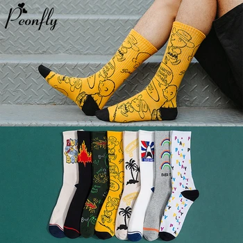 

PEONFLY Novelty 2019 Autumn Winter Socks Men Harajuku Combed Cotton Happy Socks Funny Illustration Calcetines Largos Hombre
