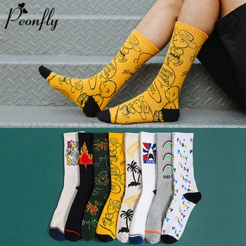 PEONFLY-Calcetines de algodón feliz para Hombre, calcetín peinado, Harajuku, ilustración divertida, novedad, Otoño Invierno, 2019