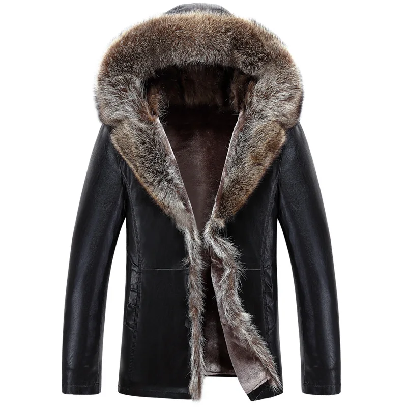 EMS,, натуральный меховой воротник, с капюшоном, Блузон Cuir Homme, выдерживает-40 градусов размера плюс, мужские зимние кожаные куртки - Цвет: Черный