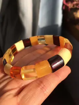 

Natural Red Amber Yellow Piebald Amber Bracelet 14x13mm Mixed Bead Women Healing Rectangle Beads Bangle Certificate AAAAA