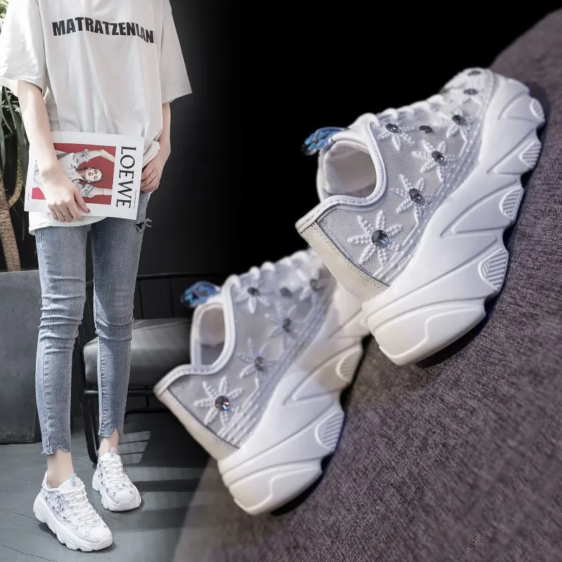

Summer New Style Dad Shoes Platform Heel Waterproof Platform Joint Lace-up Semi-high Heeled Students Sequin Breathable WOMEN'S C
