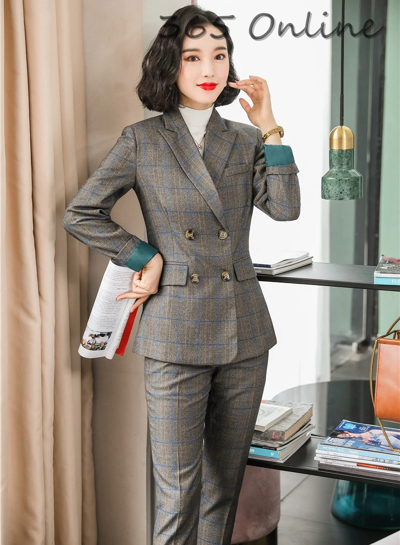 

High Quality Fabric Autumn Winter Fashion Plaid Uniform Styles Professional Women Business Suits with Pants and Jackets Coat Set