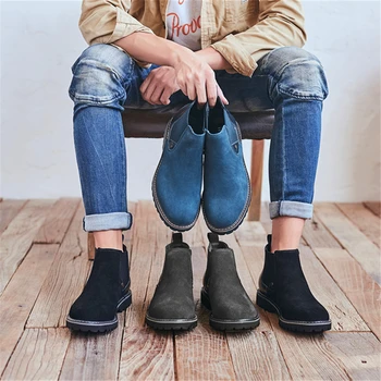 

New Men's Ankle Boots Chelsea Boots Genuine Leather Sewing Casual Men Martin Boots Black/Brown/Blue Plus Size 39-45