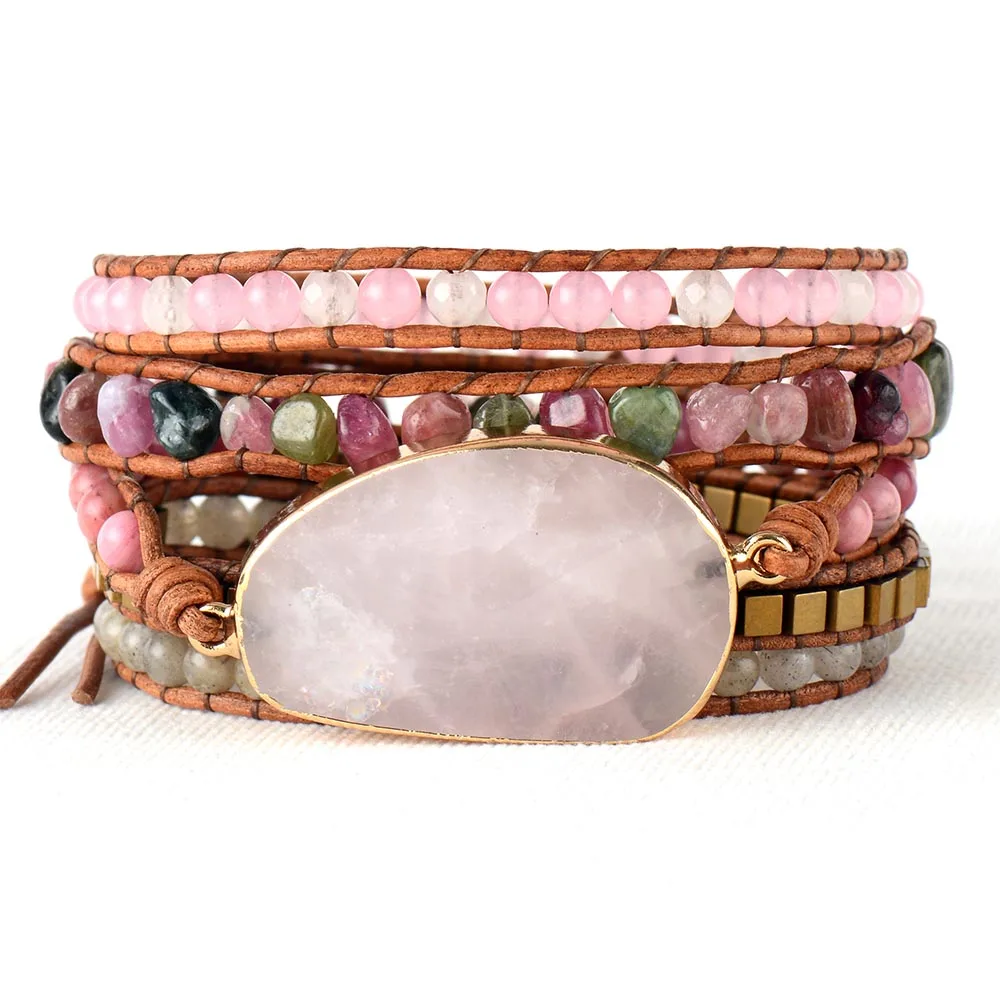 Native Inspired Beads Leather Bracelet Tourmaline Pink Quartz 5 Strands Woven Wrap Bracelets Bohemian Bracelet Dropship