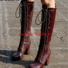 Женские сапоги до колена из искусственной кожи на шнуровке; повседневные женские ботинки гладиаторские туфли на высоком каблуке; Модные женские ботинки; botas mujer InviernoD133