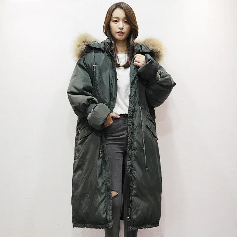 Mid-length Down Jacket Women Winter New Thicken Warm Coat Duck Down Fur Collar Hooded Loose Down Coat Female AN109 - Цвет: green