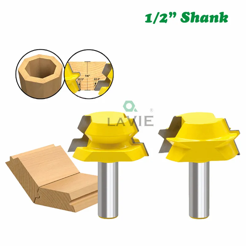 

2pcs/set 12mm 1/2" Shank Milling Cutter Woodwork Lock Miter Tenon Router Bits 22.5 Degree Glue Joinery Woodworking Cutters 03114