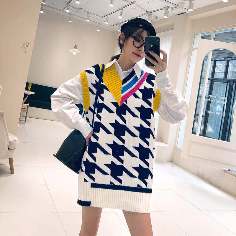 2019 autumn new color matching V-neck long sleeveless sweater female casual houndstooth pattern wool vest | Женская одежда