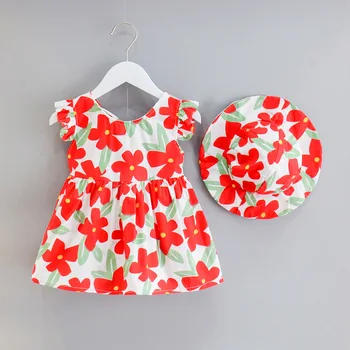 

2020 Summer Baby Girl Dress New Girl Sweet Flowers Fruit Print Fly Sleeve 2pcs Set Dress with Hat A-line Boho Princess Sundress