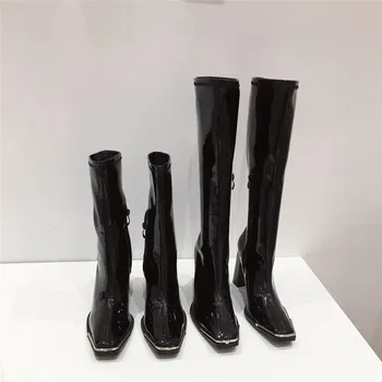 

Black Boots Punk Metal Square Toe Knee Boots 2020 Autumn High Heel Boots Womens Long Boots Designer Heels Sapatos De Mujer