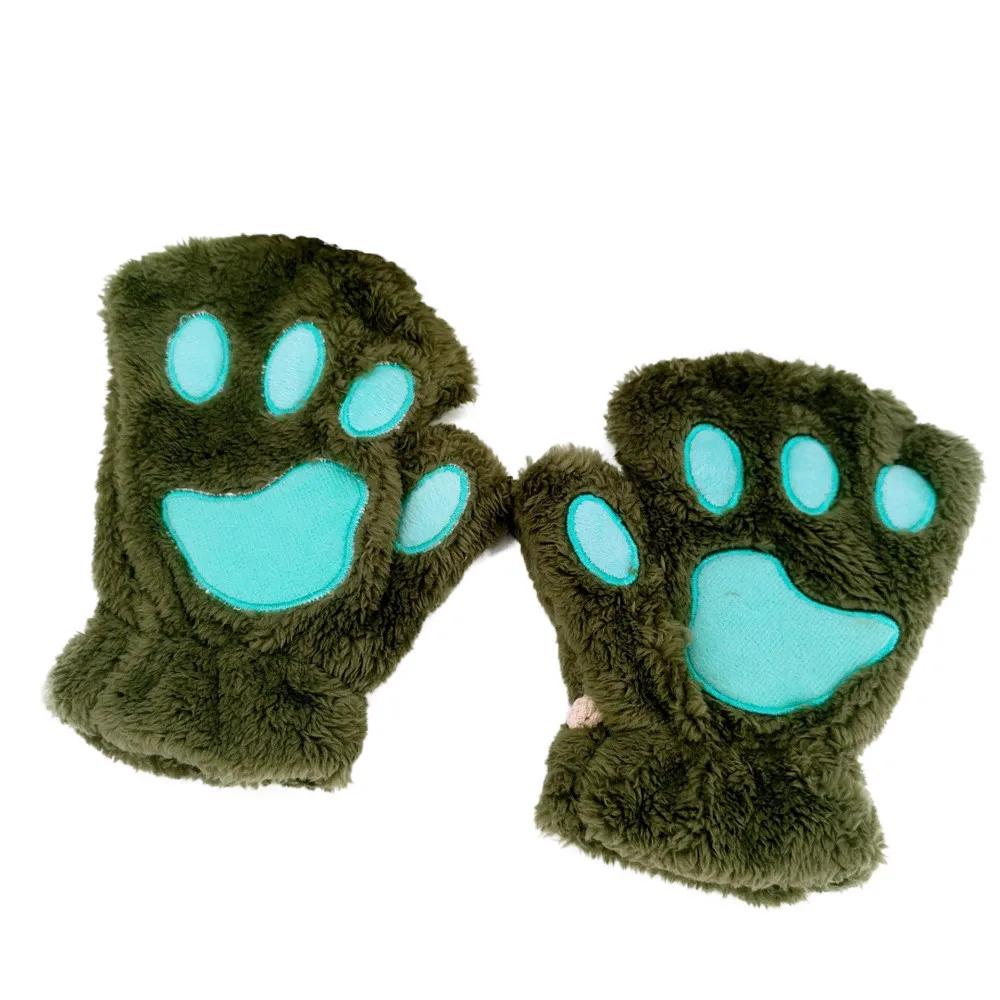 1 пара милых зимних перчаток, милые плюшевые теплые варежки, Короткие перчатки без пальцев с кошачьей лапой, перчатки для женщин, девушек - Цвет: Green