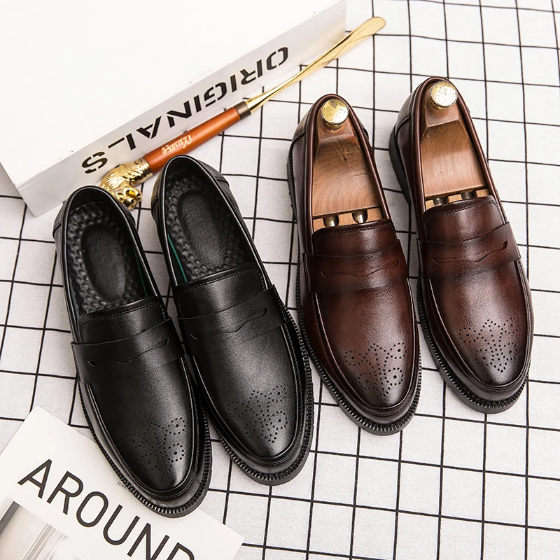 Retro Men Leather Dress Shoes Brogue Style Party Formal Shoes Wedding Flats Oxfords Slip on Fashion Loafers 46 leather shoes