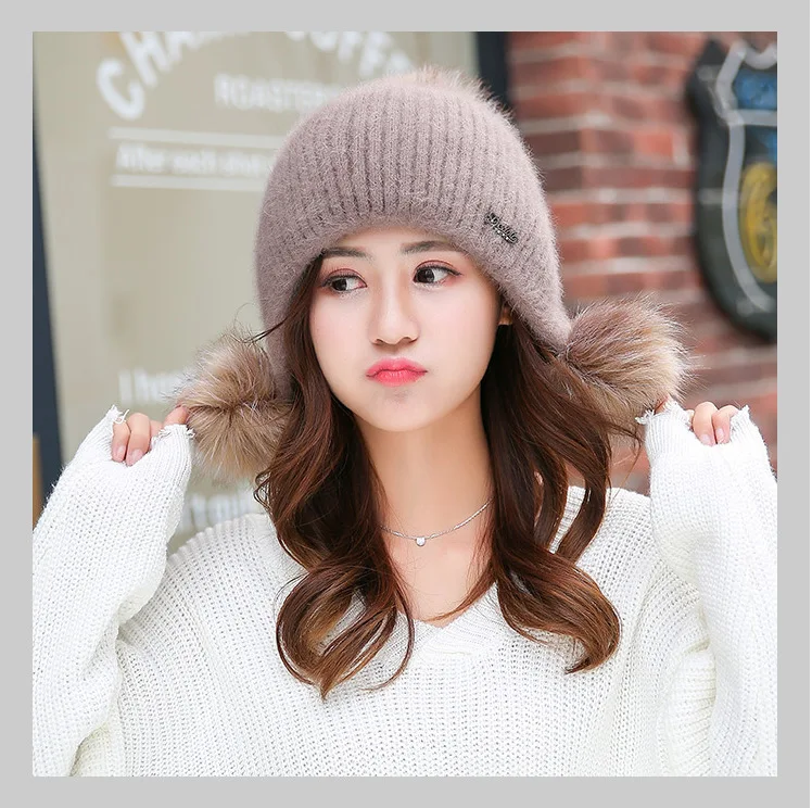 Student Skullies Beanies Hat for Women Autumn Winter Solid Hats Ear Protector Pom Poms Wool Rabbit Fur Knitted Hat F18703AD