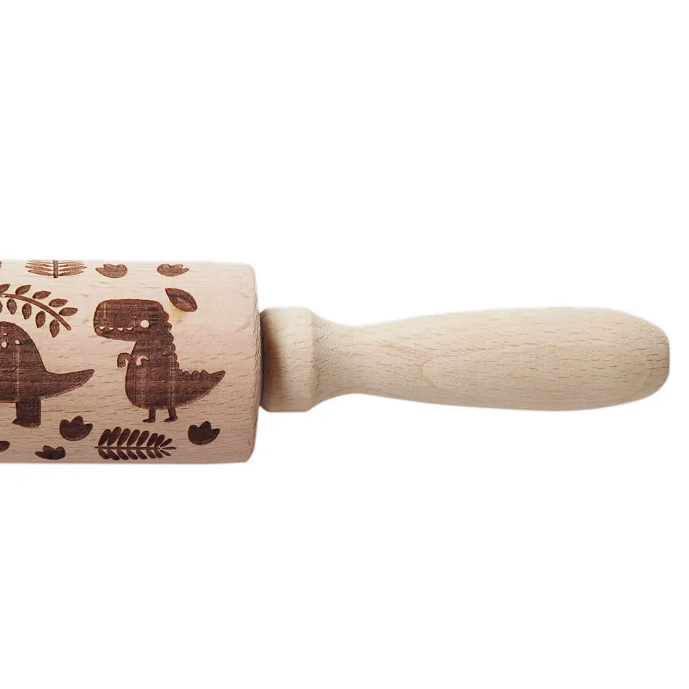 Мультяшный динозавр Выгравированный скалка для выпечки дерева, Скалки для печенья, печенье, тесто, ролик, жаропрочная посуда, кухонный инструмент
