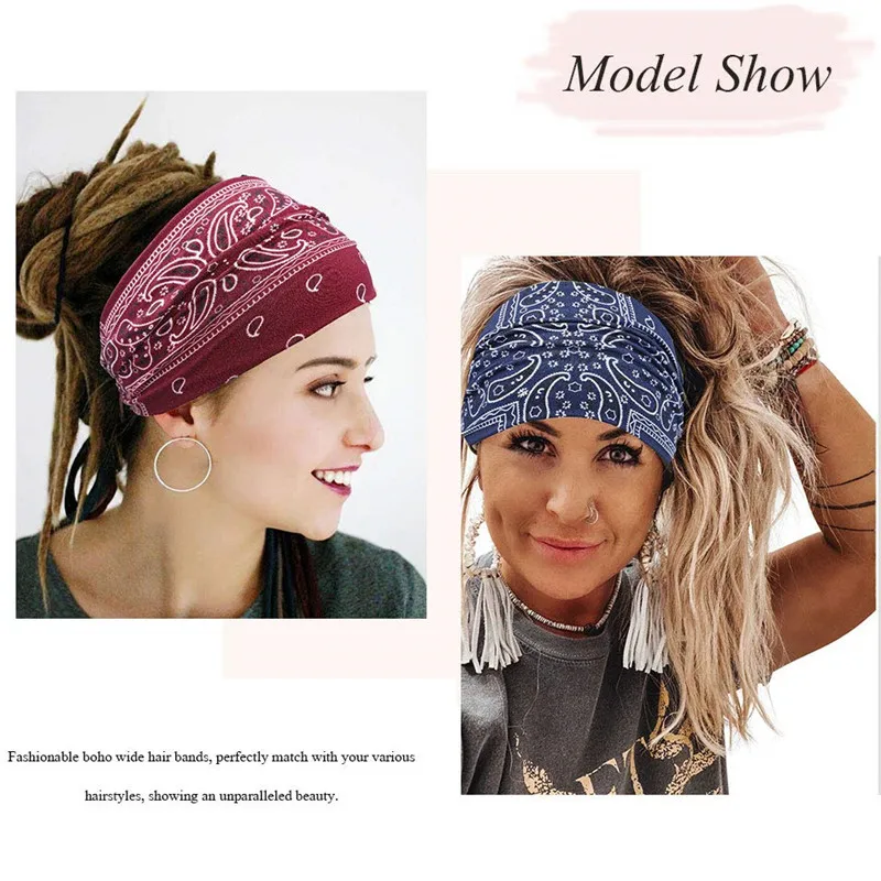 New Boho Flower Print Wide Headbands Vintage Knot Elastic Turban Headwrap for Women Girls Cotton Soft Bandana Hair Accessories