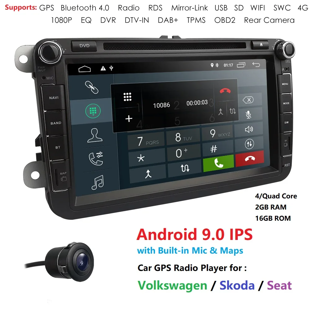 Автомобильный мультимедийный плеер Android 9 gps 2 Din автомобильный Радио Аудио авто для VW/Volkswagen/POLO/PASSAT/Golf 4 ядра 2G ram 128G DVR DSP PC