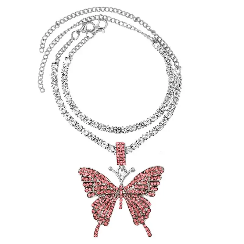 Iced Out Crystal Rhinestones Butterfly Pendants Anklet Chain For