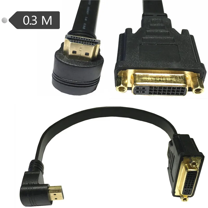 1FT 0,3 M HDMI под прямым углом к DVI DVI-I 24+ 5 адаптер позолоченный штекер-Женский кабель для HDTV 1080P hd-конвертер адаптер