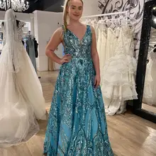 Платья для выпускного вечера Длинные с синими блестками Элегантные трапециевидные глубокий v-образный вырез для женщин размера плюс сексуальные вечерние платья в пол