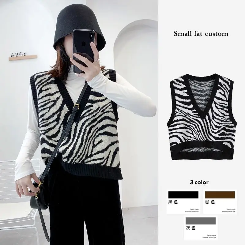 

Fashion RU Korean Spring Fall Zebra stripes V-neck Knit Sleeveless Sweater Vest Loose Coat Outcoat Lady Top Cloth for Women girl