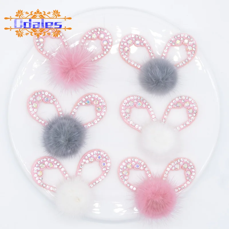 6Pcs/lots Bling Rhinestone Pink Rabbit Ear with Mink Fur Ball Applique Patches Stick-on Baby Girls Garment Headwear Accessory