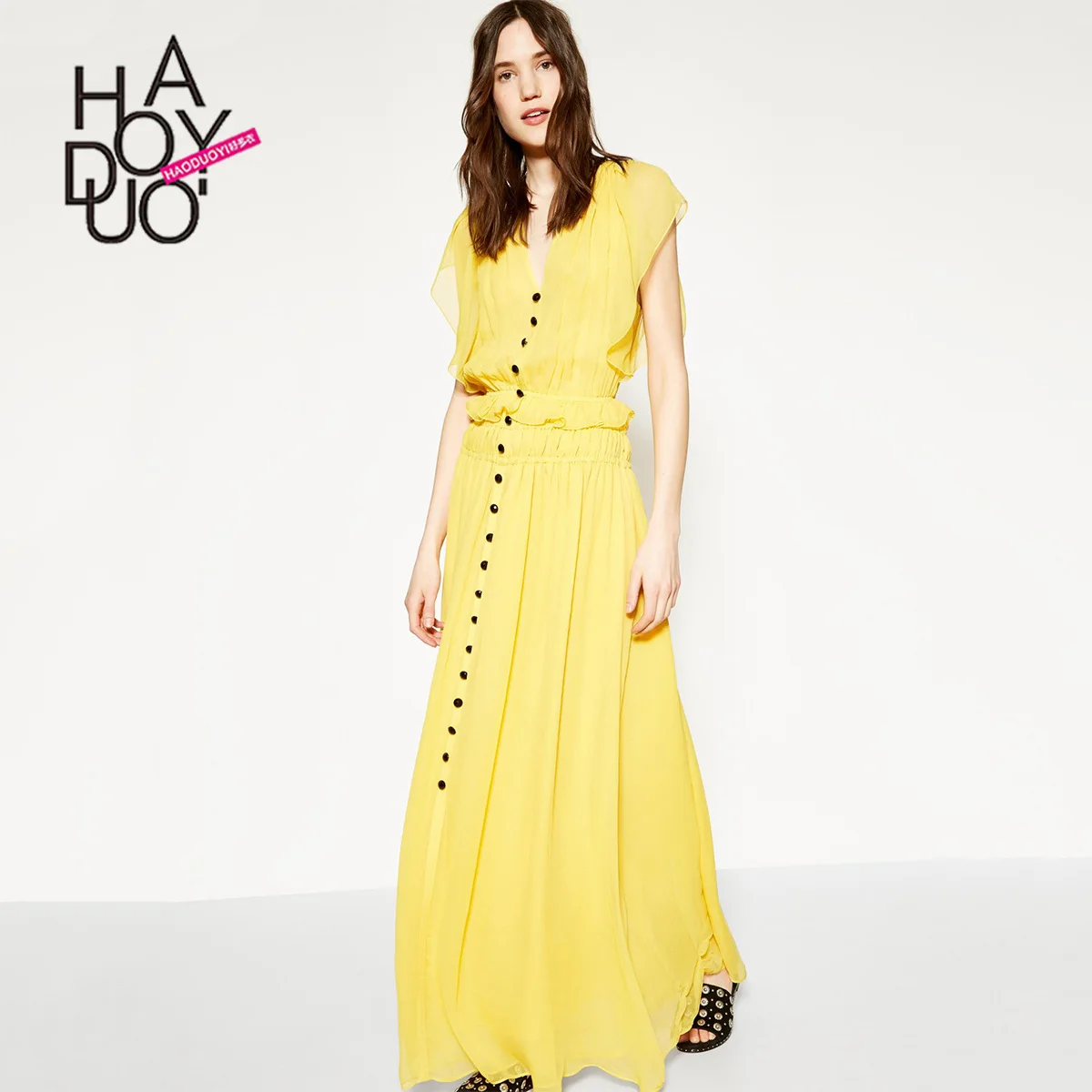 

Haoduoyi2019 Simple Fashion Elegant Shirred Waist Hugging Single Breasted Solid Color Dress Summer