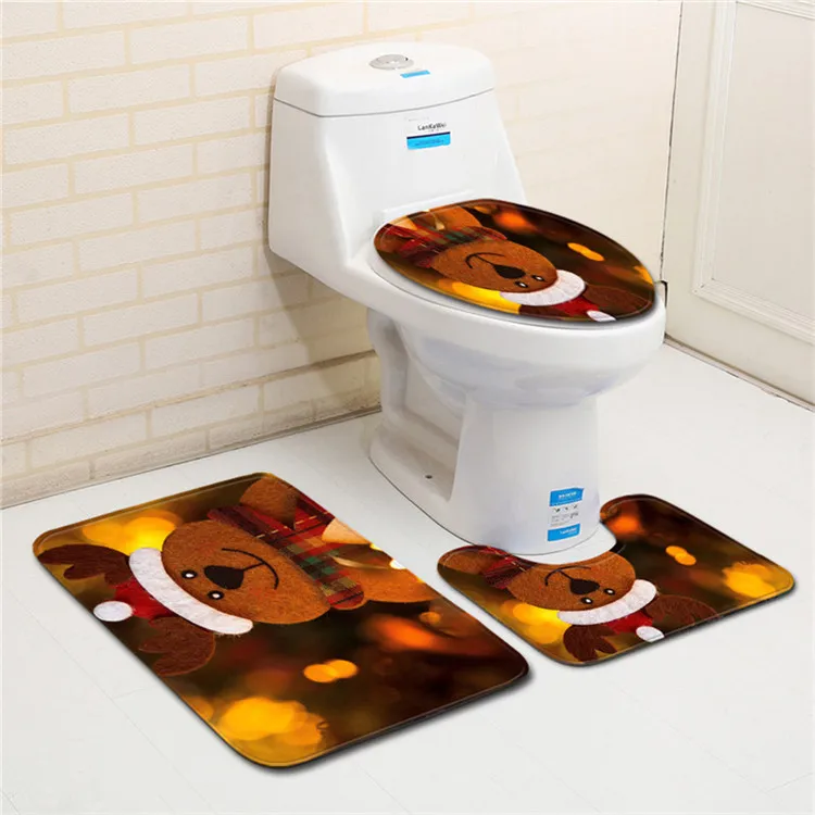 Free Shipping 3 pcs Red Christmas Hat Bear Bath Mat Anti Slip Bathroom Mat Set Tapete Banheiro Washable Toilet Rug Alfombra Bano